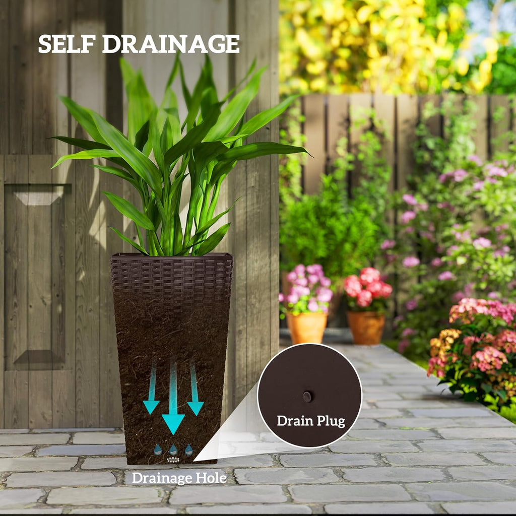 24 in Taper Tall Planters for Outdoor Plants Set of 3, Brown | with Drainage Holes, Rattan Decor Plant Pots, Indoor