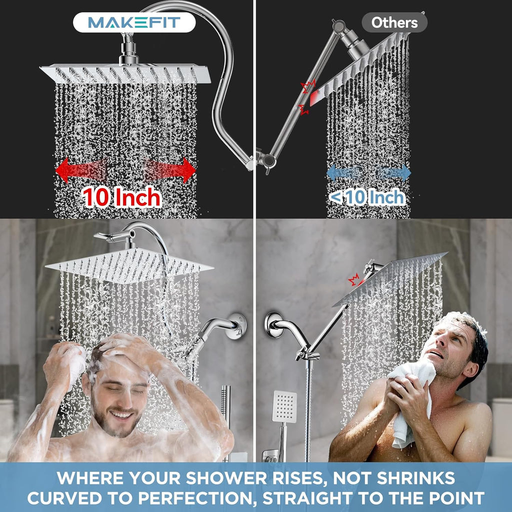 All Metal Dual Shower Heads Combo with Curved Extension Arm, 10" Rain Shower Head with Handheld Spray