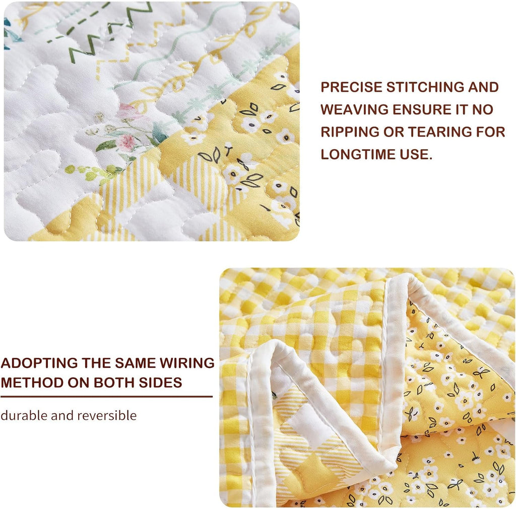 3 Pieces Floral Patchwork Quilt Set Queen, Yellow White Flowers Design, Soft Cozy Microfiber Quilt, Bedspread Bed