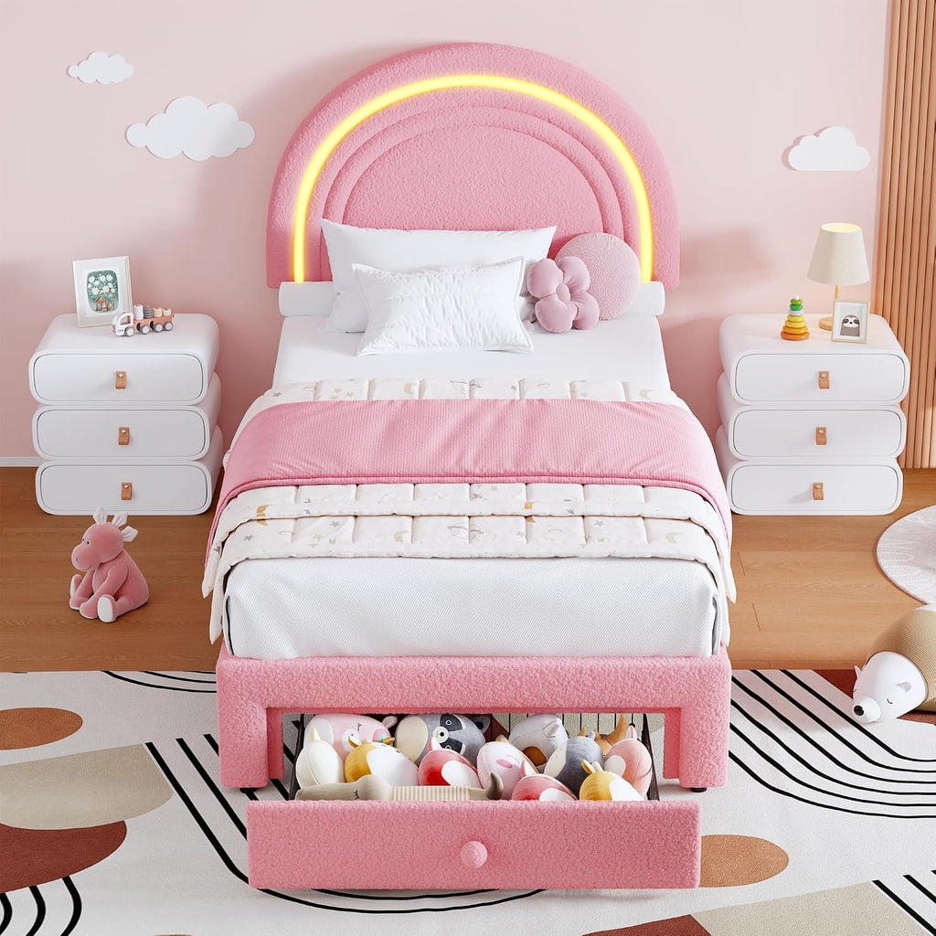 Twin Upholstered LED Bed Frame - with Storage Drawer and Rainbow Headboard, Berber Fleece Princess Platform Bed for