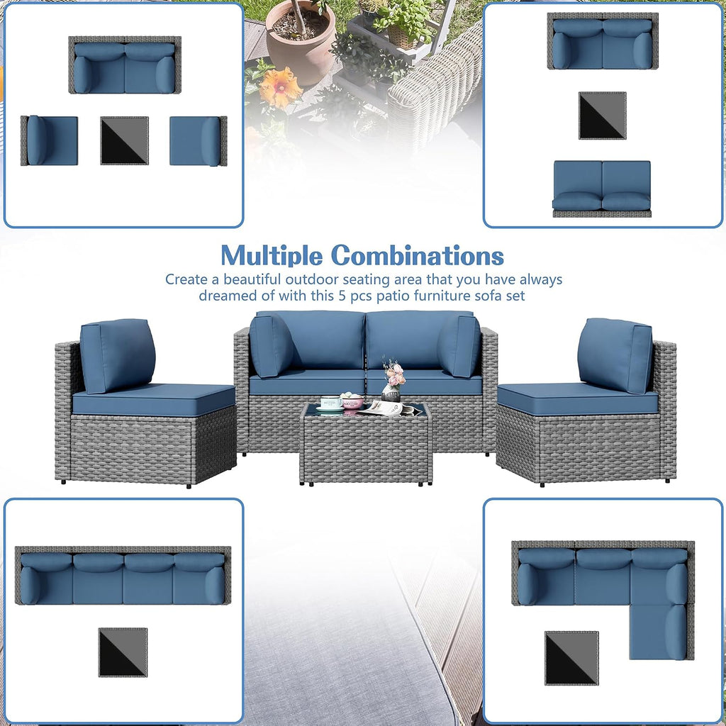 5 Piece Outdoor Sectional Sofa Set, All-Weather Wicker Rattan Patio Conversation Set - Gray & Aegean Blue