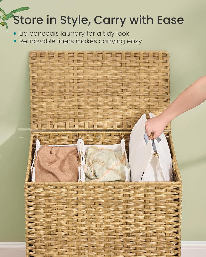 3-Section Laundry Hamper with Lid, 42.2 Gal (160L) PE Rattan Laundry Basket with Removable Washable Liners, Goose