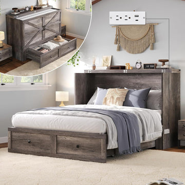 Murphy Bed Queen Cabinet Bed with Charging Station, Large Storage Drawer for Home Office or Small Room, Hideaway Bed