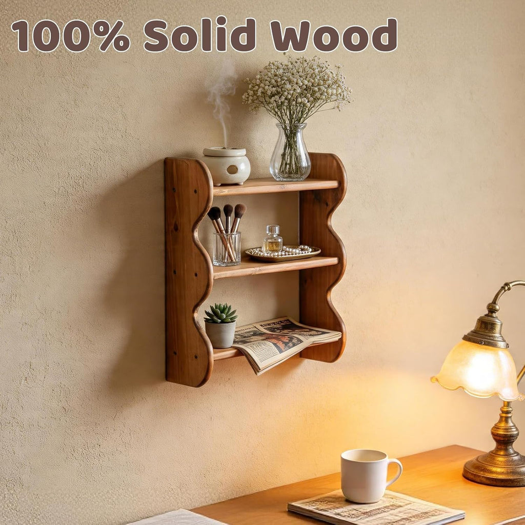Vintage Wooden Wall Shelf, 100% Solid Wood 3 Tier Wall Shelves, Rustic Wall Mounted Home Decor Trinket Shelf Display