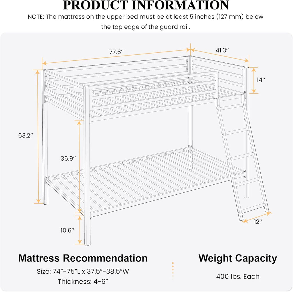 Loft Bunk Bed Twin Over Twin with Ladder and Guardrail,Heavy Duty Metal Slats Support No Box Spring Needed Small Space