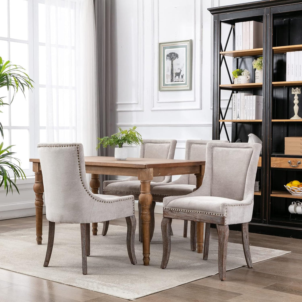 Mid-Century Upholstered Dining Chairs Set of 2, Thickened Fabric Wingback Kitchen Chairs with Bronze Nail Head &