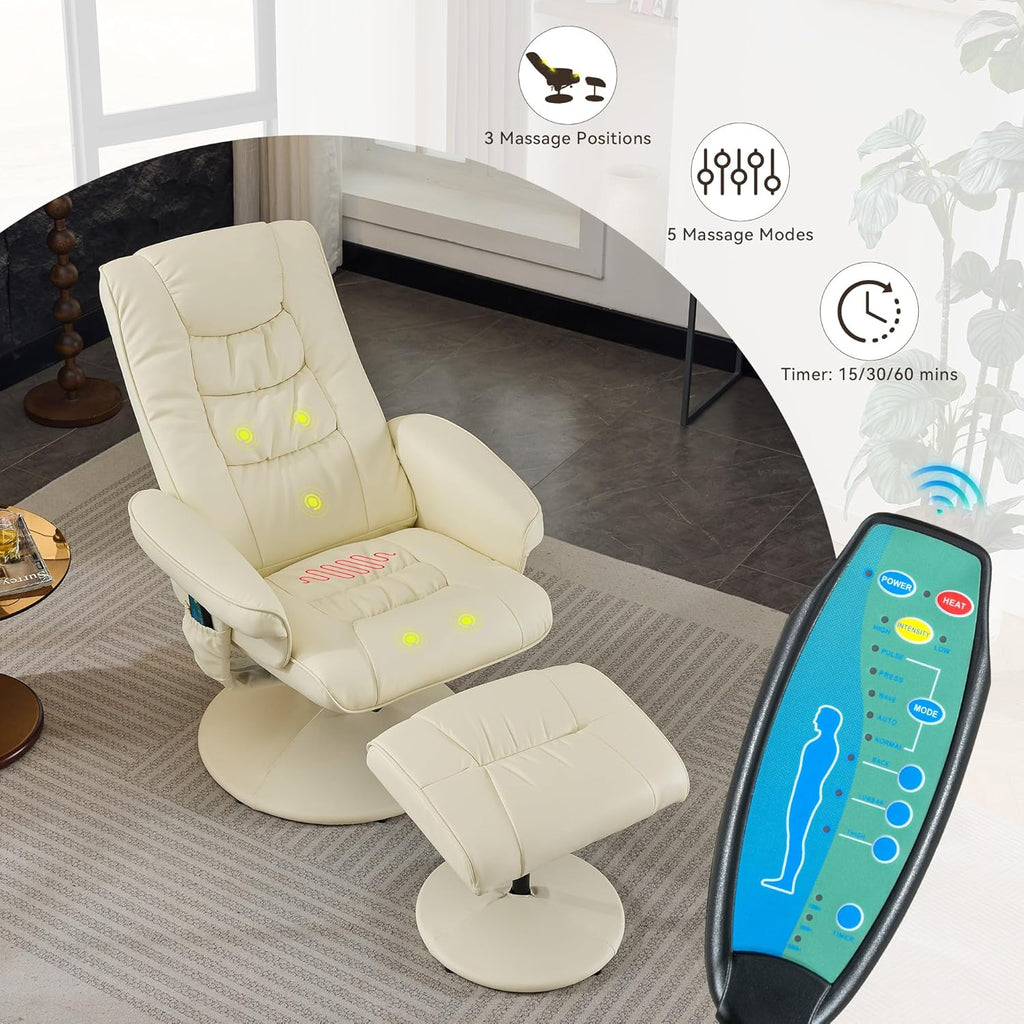 Modern Reclining Swivel Lounge Chair and Ottoman — White
