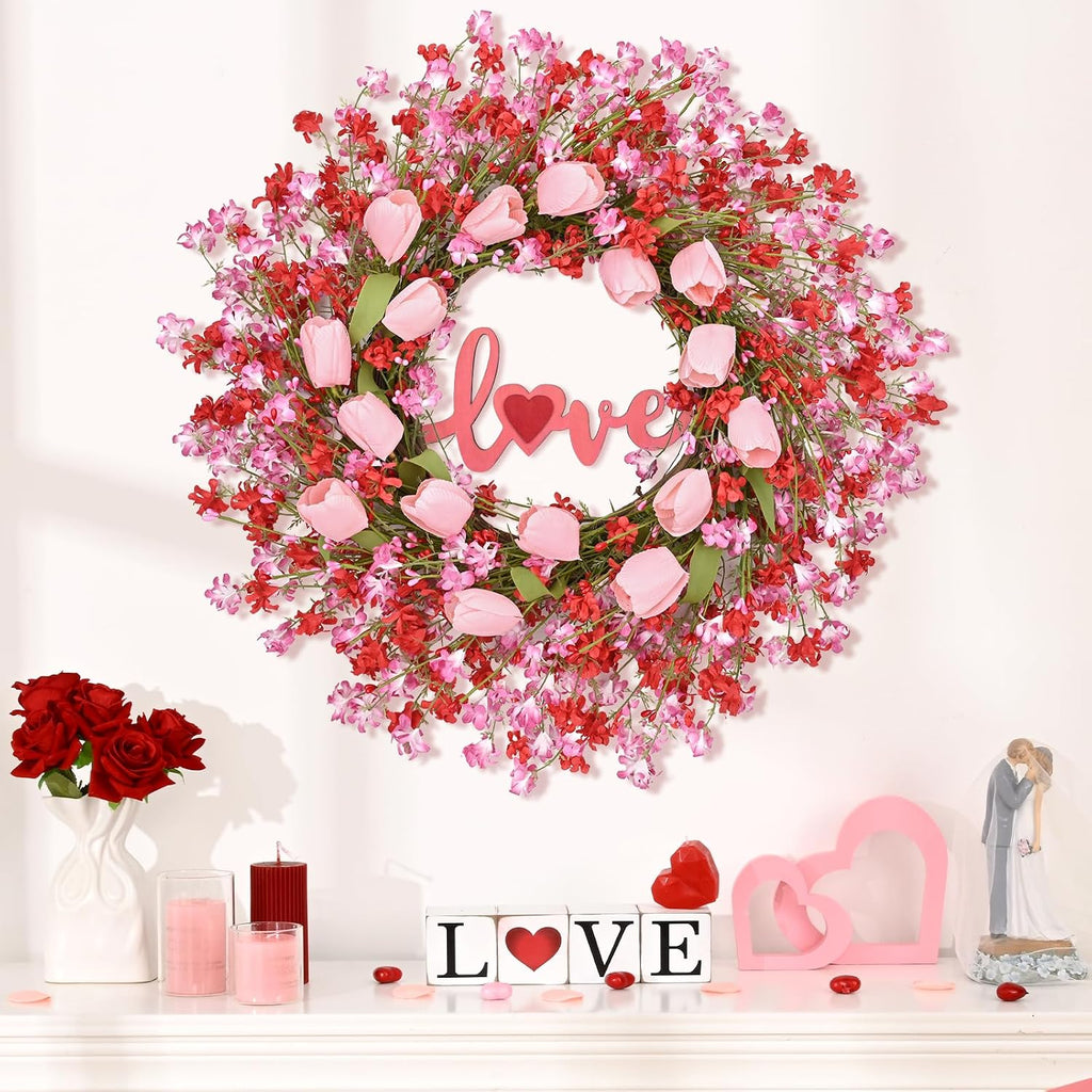 22IN Valentines Day Wreath Decorations, Wreath for Front Door, Pink Tulip Valentine, Spring Summer for Valentine's