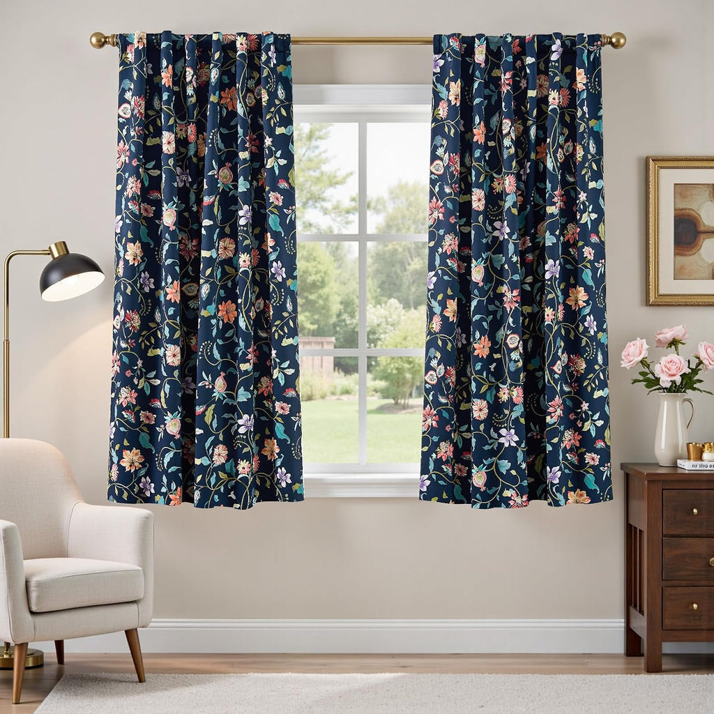 Taupe Floral Blackout Curtains 96 Inch Farmhouse Back Tab 2 Panels