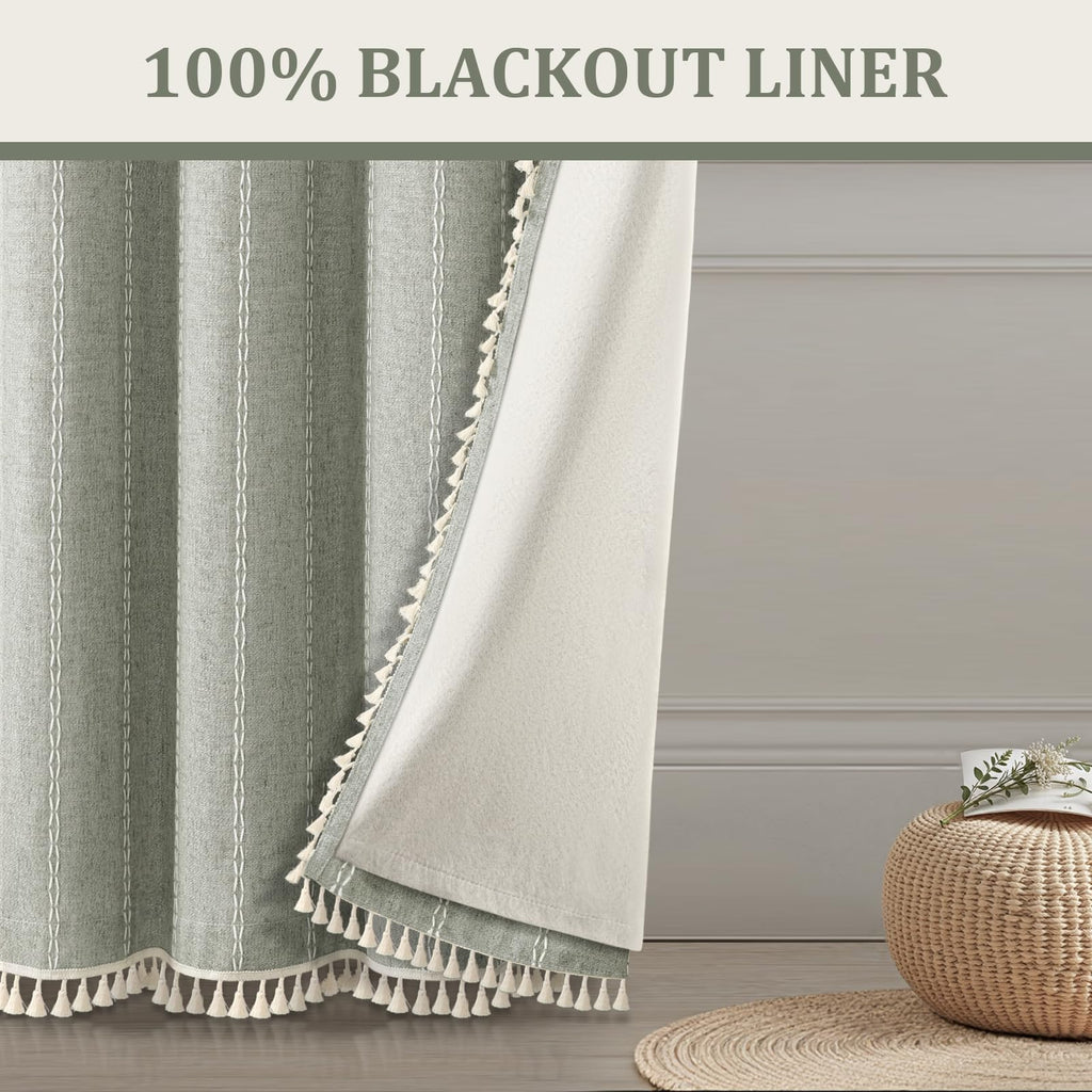 Sage Green Boho Blackout Curtains 84 Inch 2 Panels with Tassels