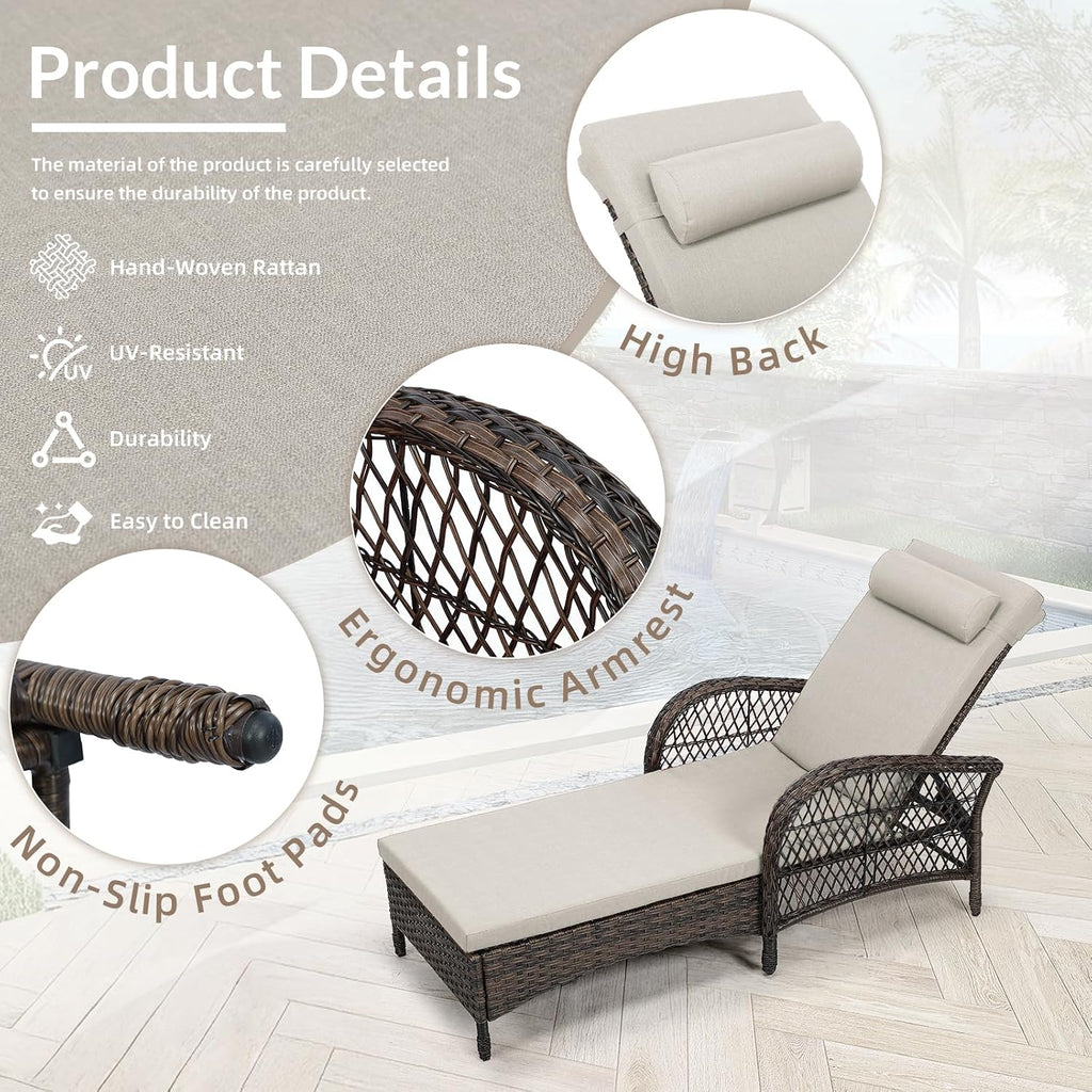 Outdoor Wicker Chaise Lounge Chair with Side Table, All-Weather Patio Lounger Chaise Sunbathing Reclining Chairs with
