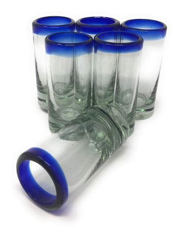 Mexican Hand Blown Tequila Shot Glasses, 6-piece, Blue Rim, 2 oz