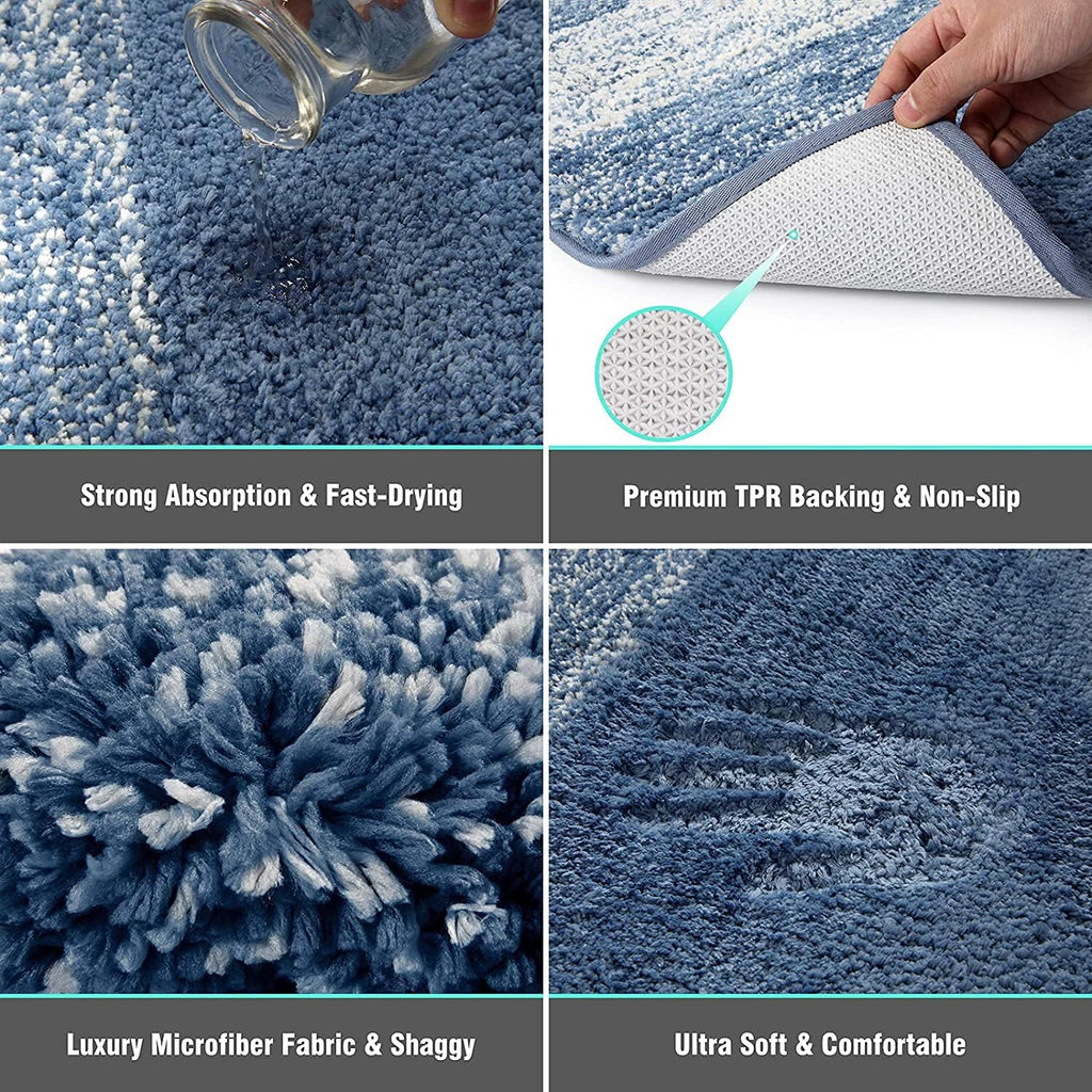 Luxury Soft Bathroom Rugs Set of 2, Blue Non Slip Bath Floor Mat | Microfiber Shaggy Plush Absorbent Striped Washable