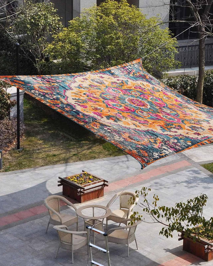 Bohemian Tribal Sun Sail Shades Rectangle Canopy,Sunlight Block Heavy Duty Curved Backyard Shade Cover,Waterproof Sun
