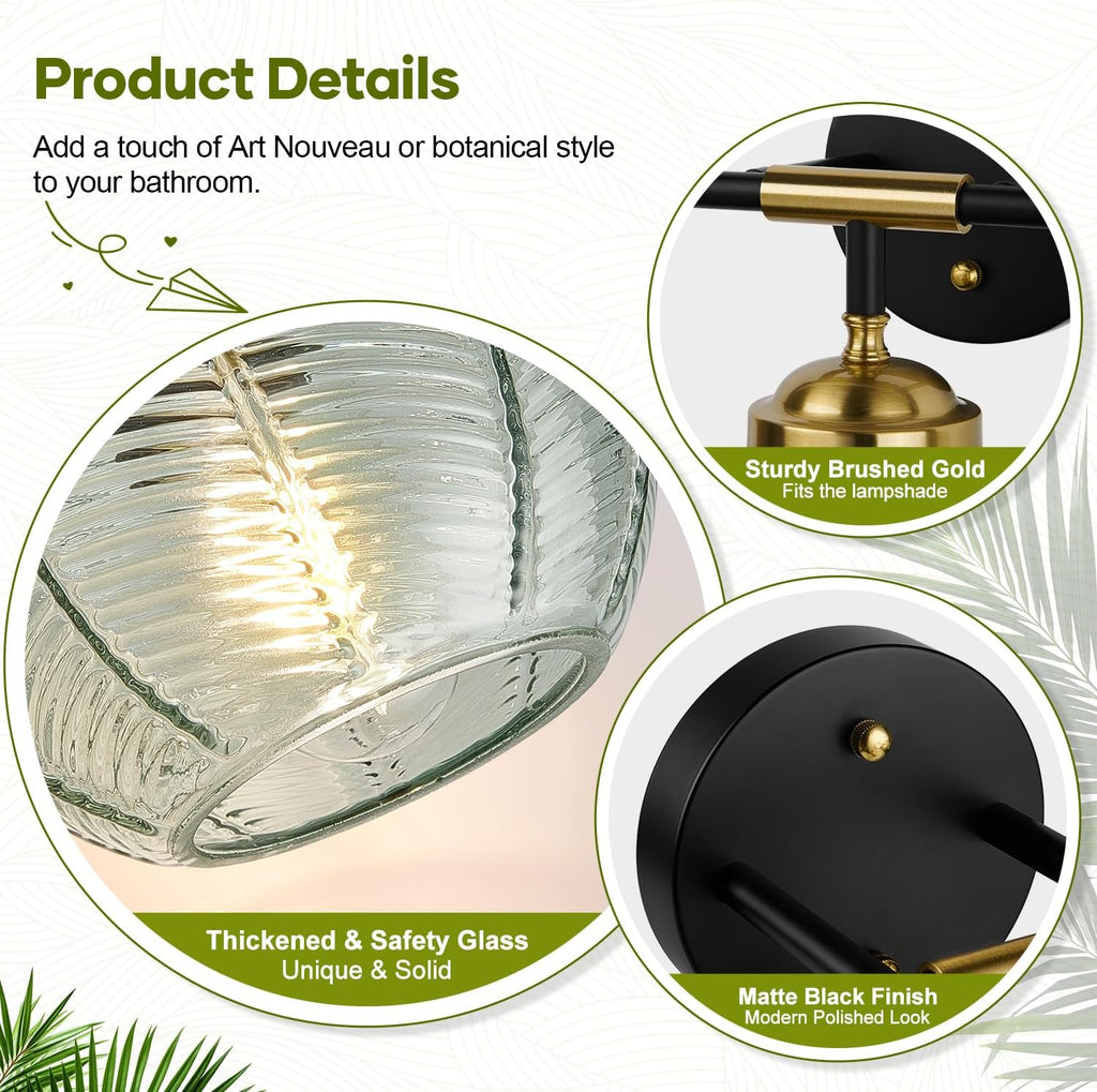 Bathroom Light Fixtures, 3-Light Green Vanity Lights with Unique Leaf Texture Glass Shade, Modern Matte Black and