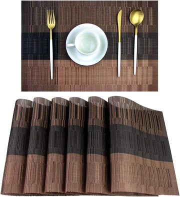 Placemats,Washable Vinyl Woven Table Mats,Elegant Durable Placemats for Dining Table (Bamboo-Brown) - Set of 6