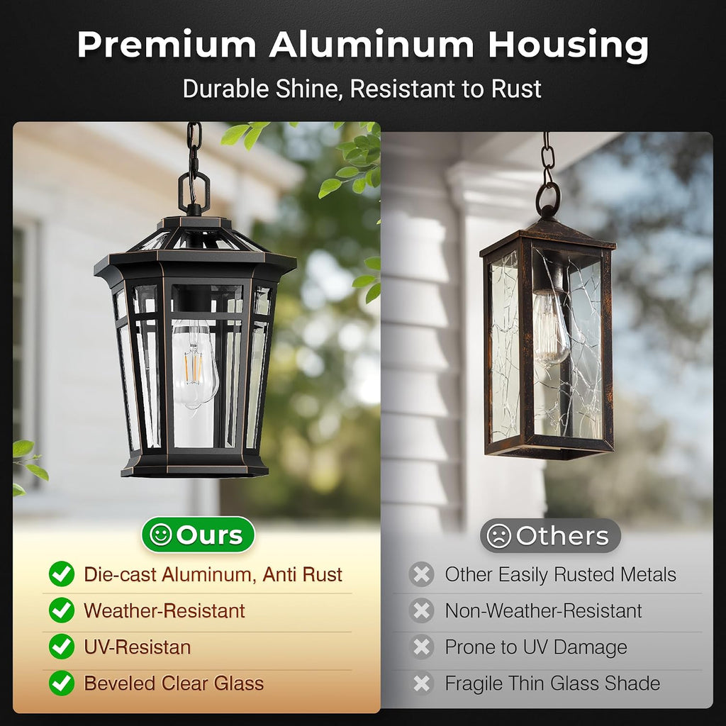 Large Outdoor Pendant Light with Adjustable Chain, Black Hanging Lights with Gold Trim