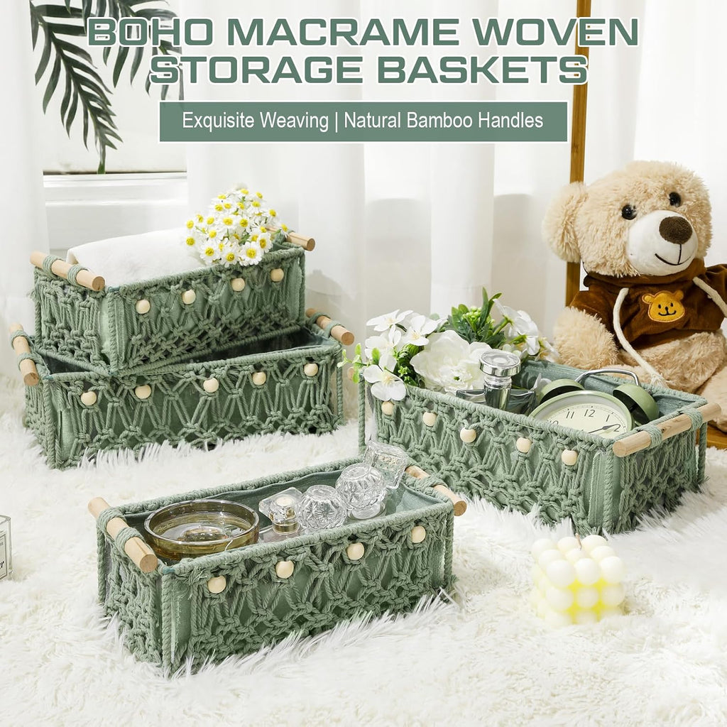 4 Pcs Sage Green Macrame Storage Basket for Shelves 13" 11" Boho Storage Basket Hand Woven Boxes with Wood Handles
