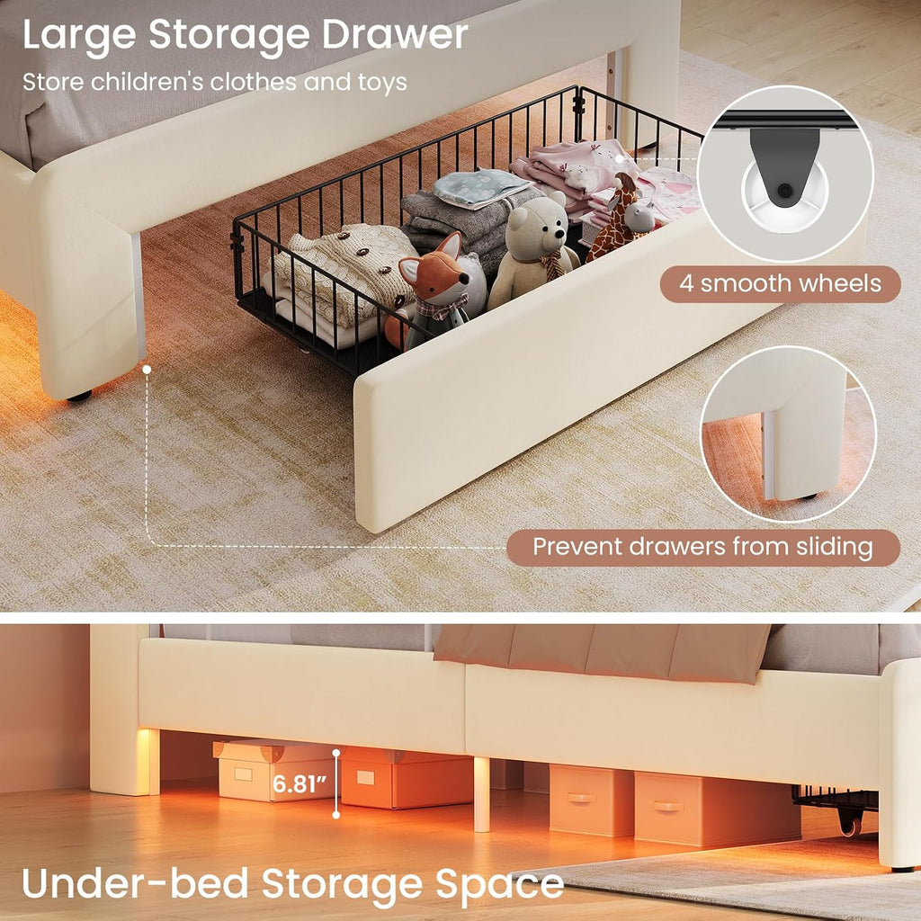 Twin Size LED Bed Frame with Storage Drawer and Safety Guardrails, Velvet Upholstered Platform Bed for Kids with Chic