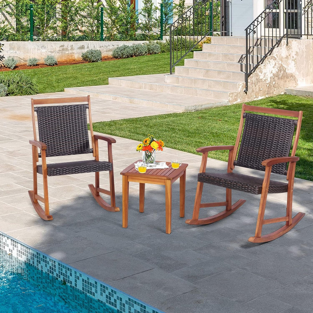 3 Pieces Rocking Bistro Set Acacia Wood Patio Rocking Chairs with Coffee Table, Rattan Wicker Rocking Conversation