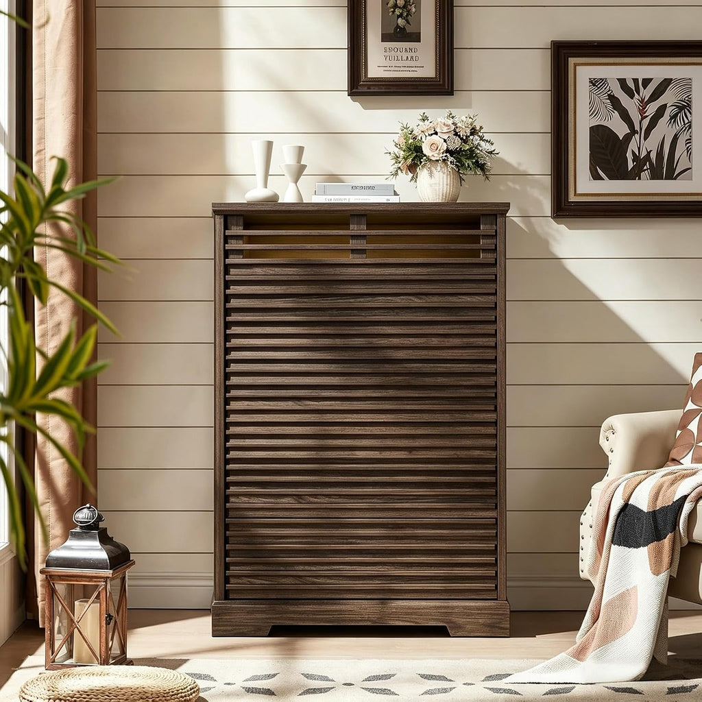 Fluted 5 Drawer Dresser, 46'' Tall Vertical Dresser with Led Light, Farmhouse Brown Wood Chest of Drawers with Grille