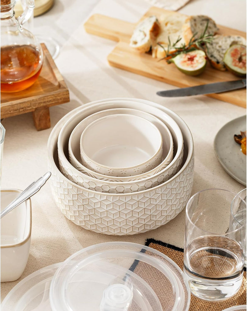 Serving Bowls with Lids, Ceramic Embossed Nesting Mixing Bowls, Set of 4, Serving Bowls Set for Food Storage