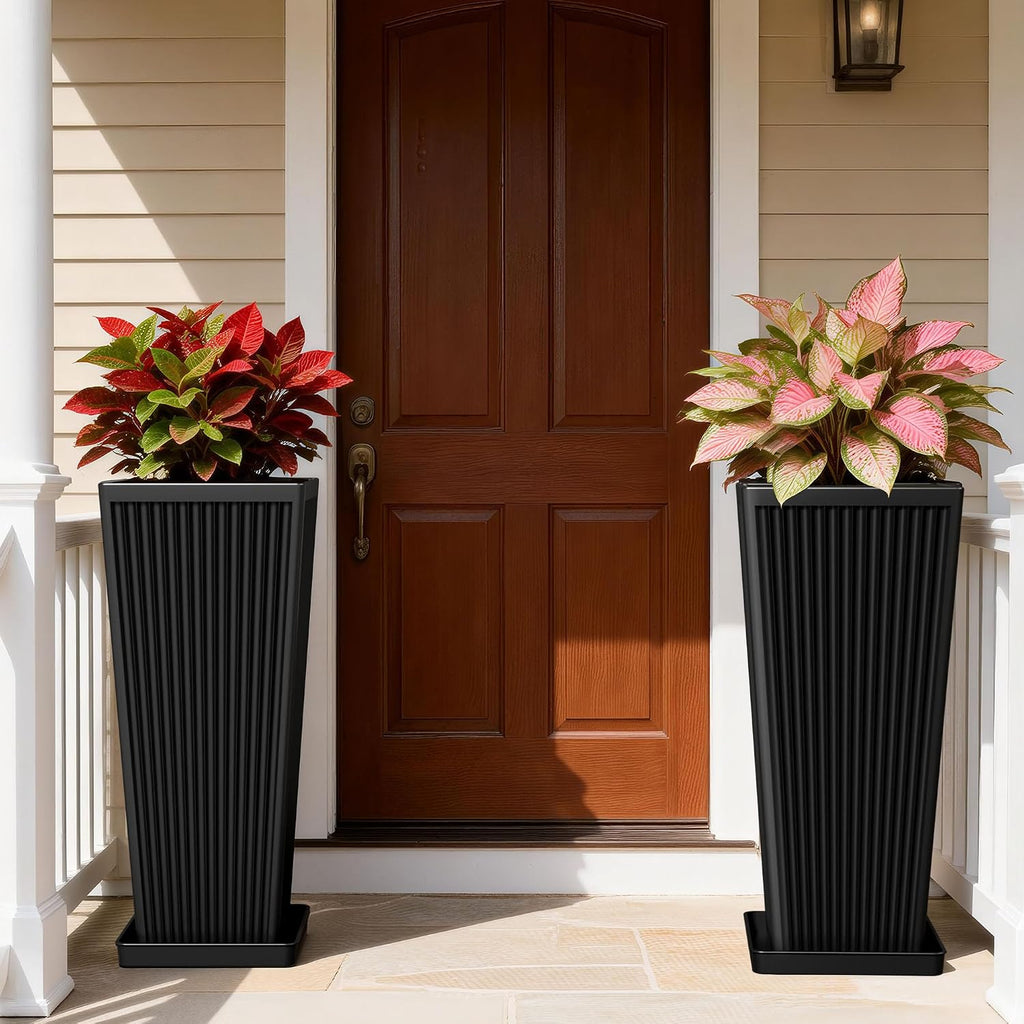 Tapered Tall Planters for Outdoor Plants 2 Pack- 23.6 Inch Square Indoor Flower Pots with Drainage Holes and