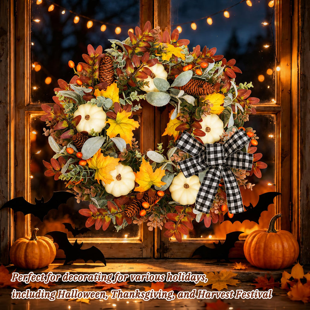 22 Inch Fall Wreath for Front Door with Artificial Pumpkin Bow