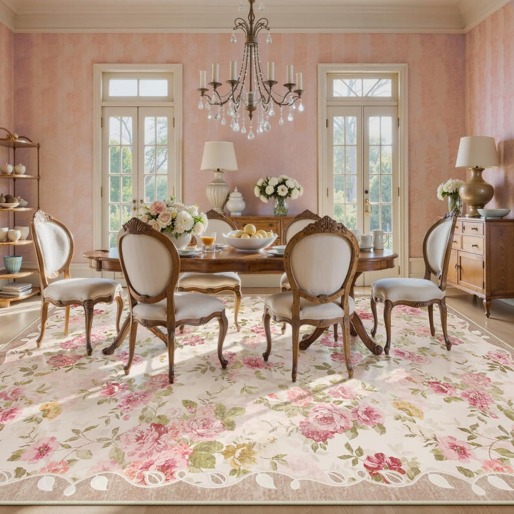 Floral Washable Rugs 9x12, Large Area Rugs 9x12 Living Room,Soft Non-Slip Thin Vintage Boho Bedroom 