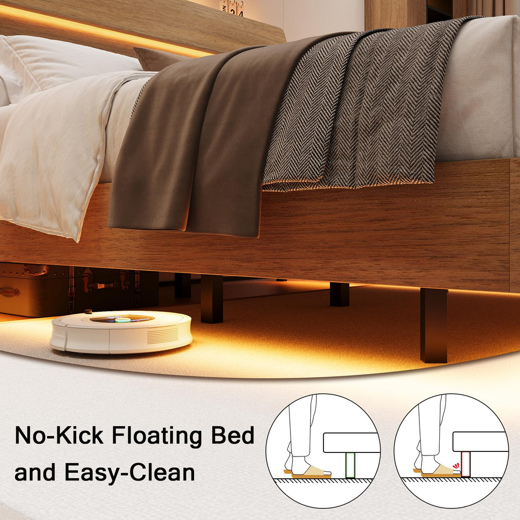 Bed Frame Queen Size with Charging Station, Led Bed Frame with Wood Storage Headboard, Heavy Duty Metal Slats, No Box