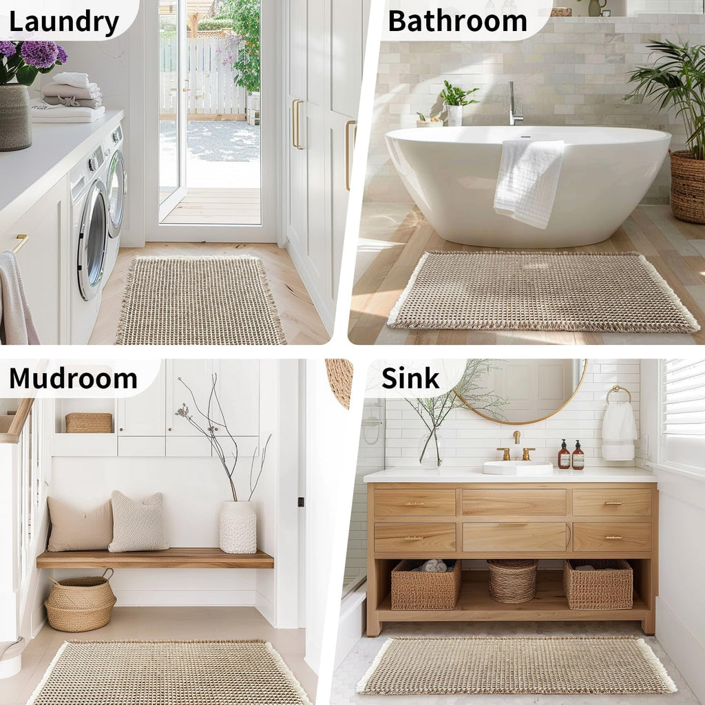 Bathroom Rugs Sets 2 Piece - Waffle Bath Mat Non Slip, Washable Bathroom Mats Absorbent Soft Boho Decor, Quick Dry