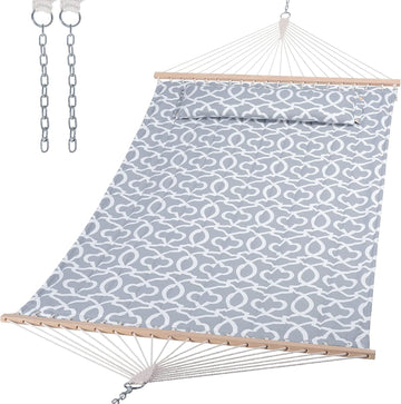 Double Quilted Hammock with Hardwood Spreader Bar, Grey Pattern | Heavy Duty 2 Person Hammock with Extra Large Soft
