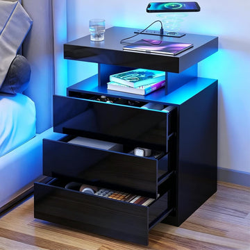 LED Nightstand with Wireless Charging Station & USB Ports, Modern Bedside Table, 3 Drawer Black Night Stand with Open