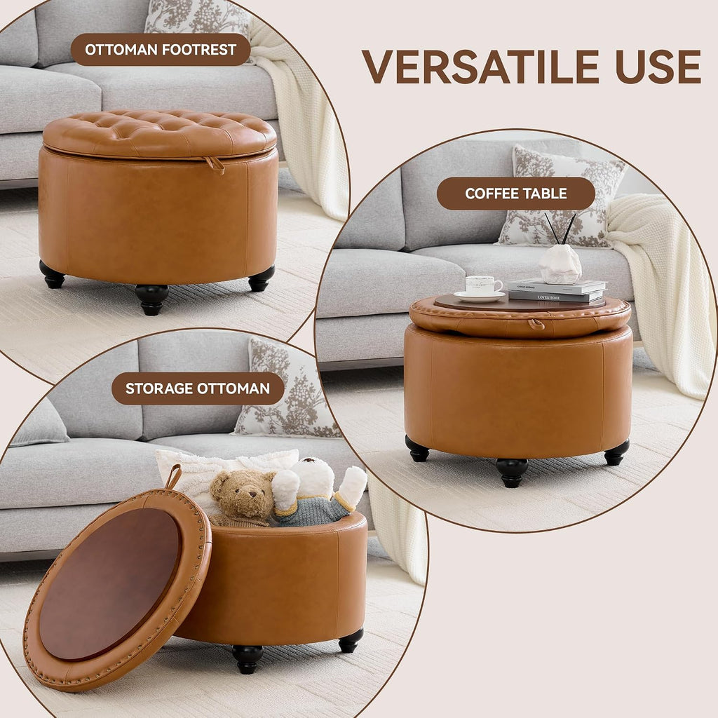 24Inch Round Storage Ottoman with Tray, Modern Tufted Leather Circle Coffee Table with Storage, Upholstered Ottoman