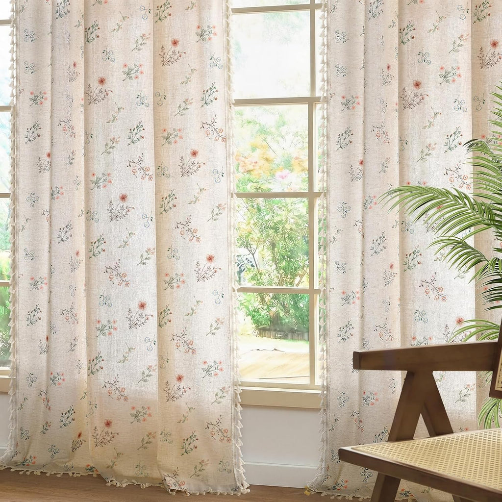 Boho Floral Spring Semi Sheer Curtains 2 Panels Set, Linen Texture Farmhouse Light Filtering Curtains