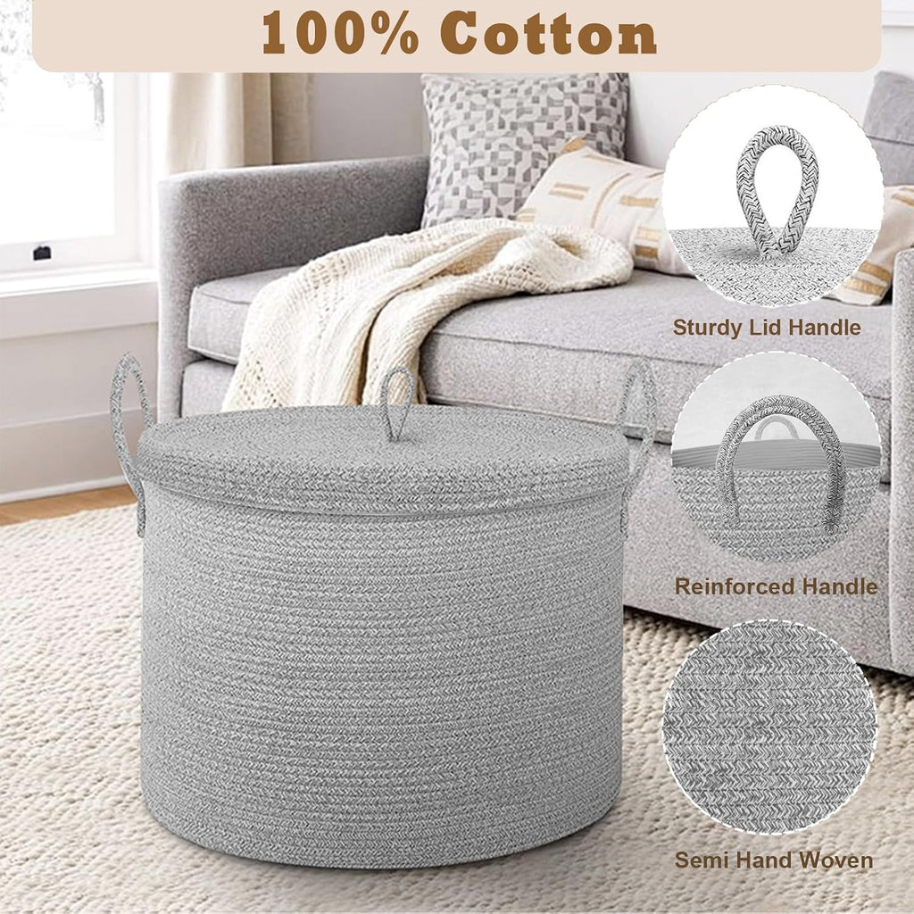 21" x 18" Extra Large storage baskets,Decorative blanket basket with lid ,rope baskets with lid,wicker hamper
