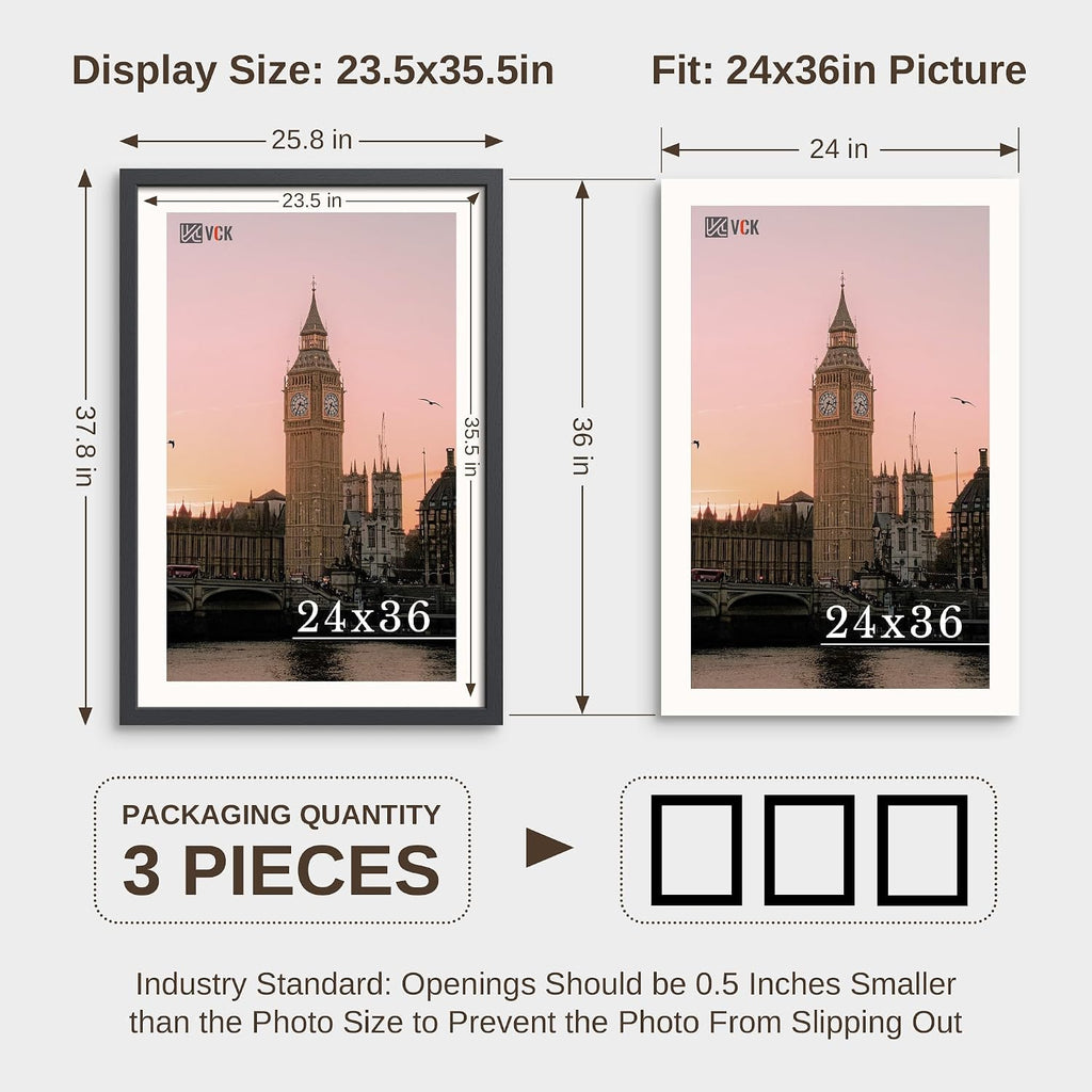 VCK 24x36 Poster Frame 3 Pack - Solid Wood Black Picture Frames 24 x 36 Inches with Wall Mounting Hanging - Set of 3