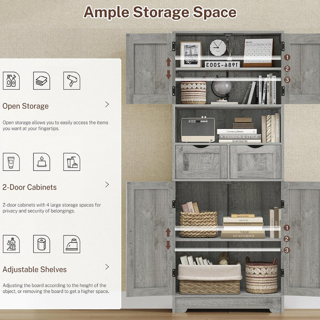 57.8" H Tall Storage Cabinet with 2 Drawers & 2 Adjustable Shelves, Bathroom Storage Cabinet with 4 Doors, Floor