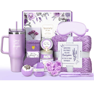 Birthday Gifts for Women Self Care Get Well Soon Gifts, Lavender Relaxing Spa Gift Basket - Care Package w/Luxury