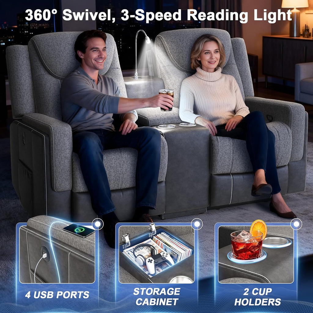 Manual Loveseat Recliner Sofa, Home Theater Seating with Touch Reading Light, Console with Cup Holders & Storage