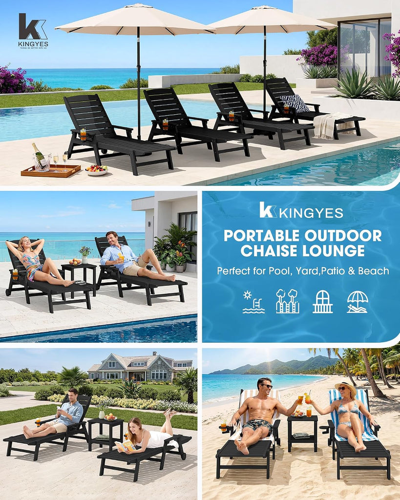 HDPE Lounge Chair Outdoor Set of 2, All Weather Pool Lounger | 5 Position Adjustable Backrest Patio Chaise Lounge