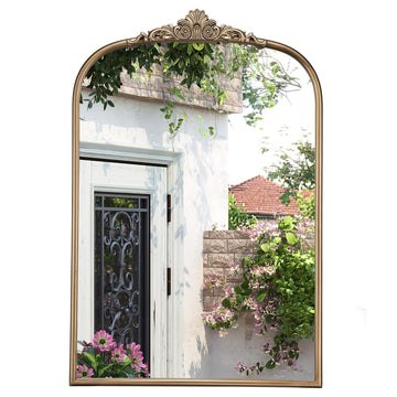30" x 40" Antique Gold Mirror, Vintage Gold Arched Mirror with Tempered Glass, Brass Bronze Ornate Bathroom Vanity