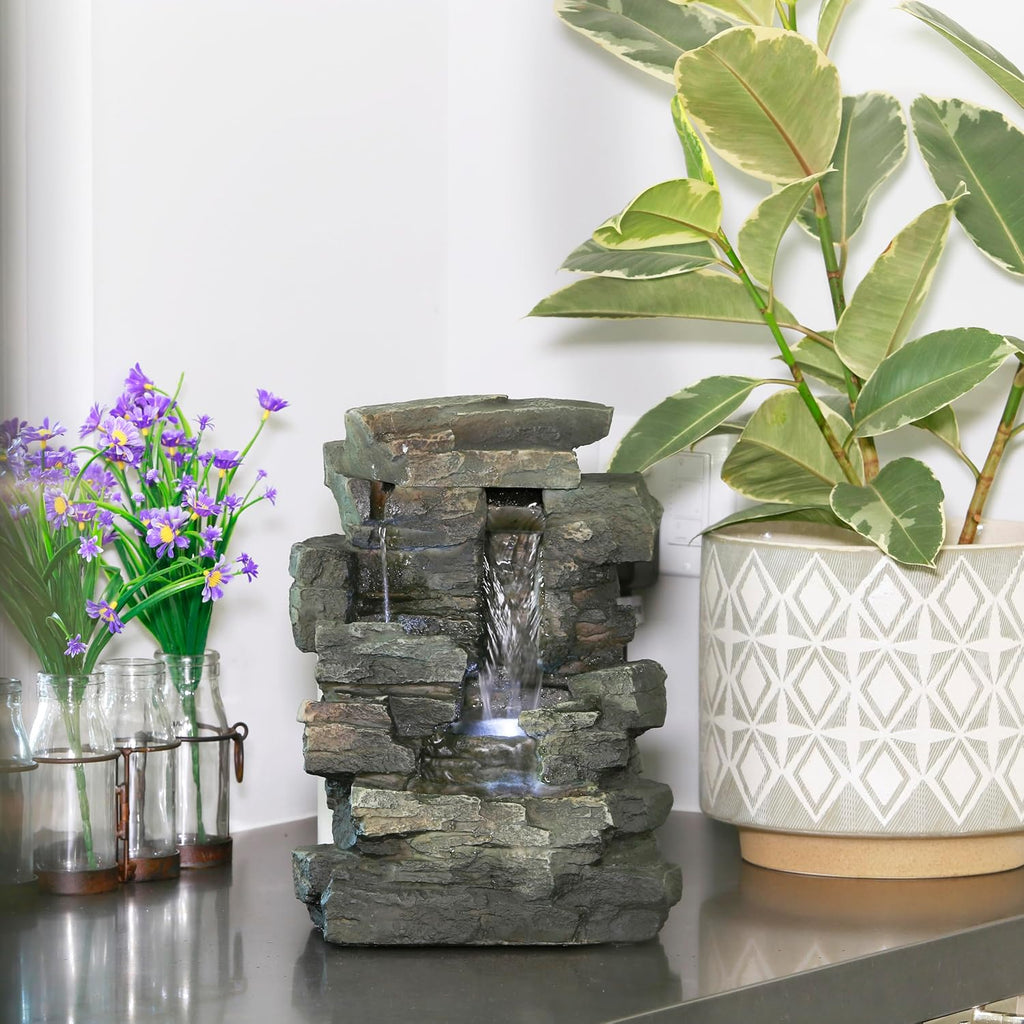 13" Tall Indoor Tabletop Water Fountain, 4 Tier Cascading Water Feature with LED Lights, or Zen Decor, Gray