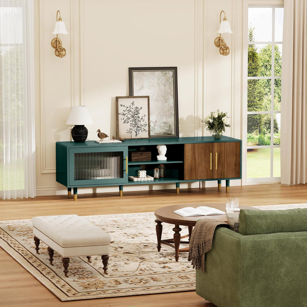 TV Stand with Glass Sliding Door, 66” Mid Century Modern TV Cabinet for TVs up to 75 inch, Entertainment Center with Storage Cabinet, Television Console for Living Room, Bedroom, Green