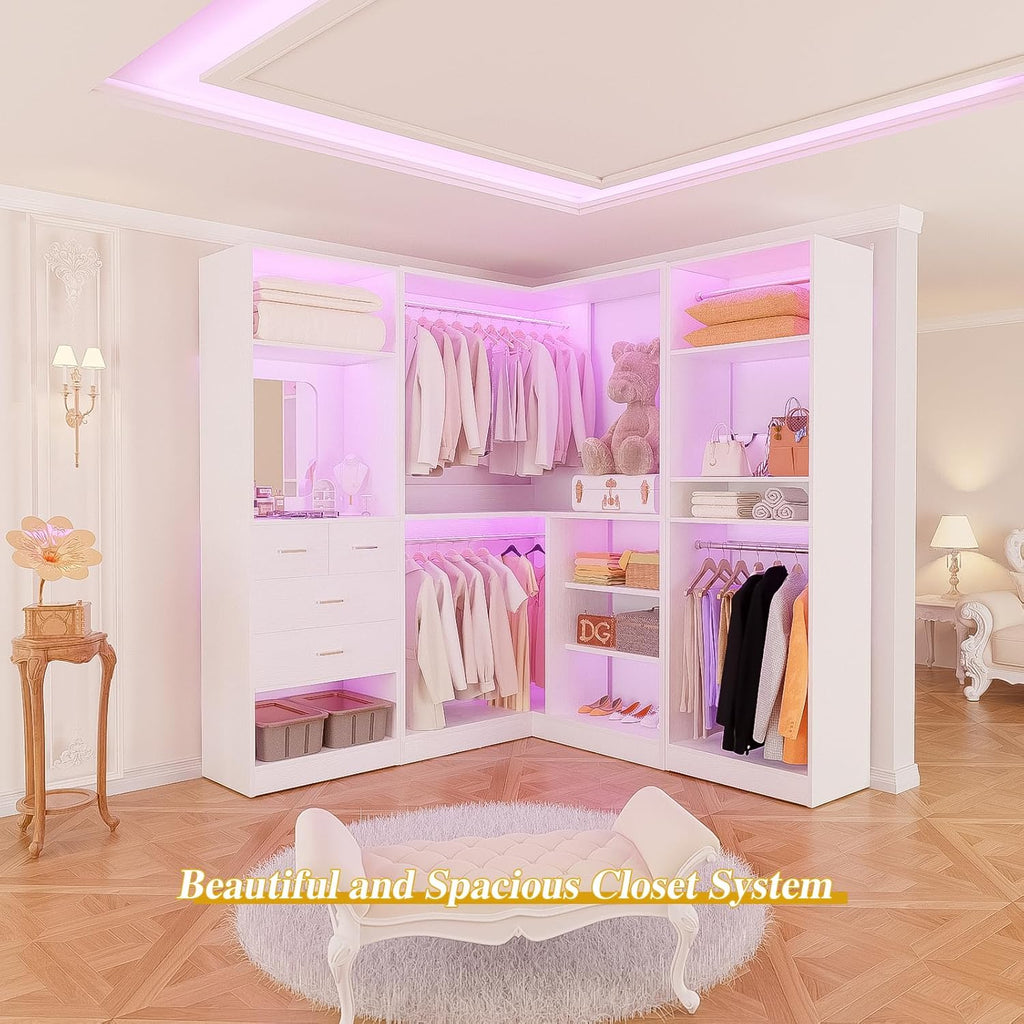 86" Closet System, Large Corner Closets Organizer with Hanging Rods and Mirror Design, Freestanding Adjustable Wood