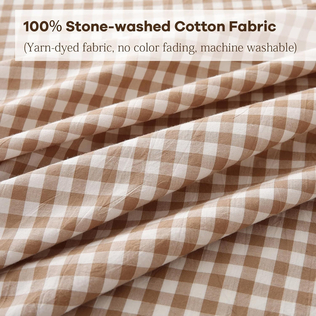 Taupe White Gingham Ruffled Table Cloth Rectangular for Seat 8-10, 100% Washed Cotton Buffet Cottage