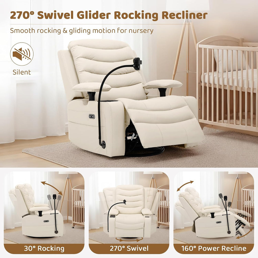 Power Glider Recliner Nursery Chair, Leather Swivel Rocking Chair, Beige | with Electric Lumbar Support, USB