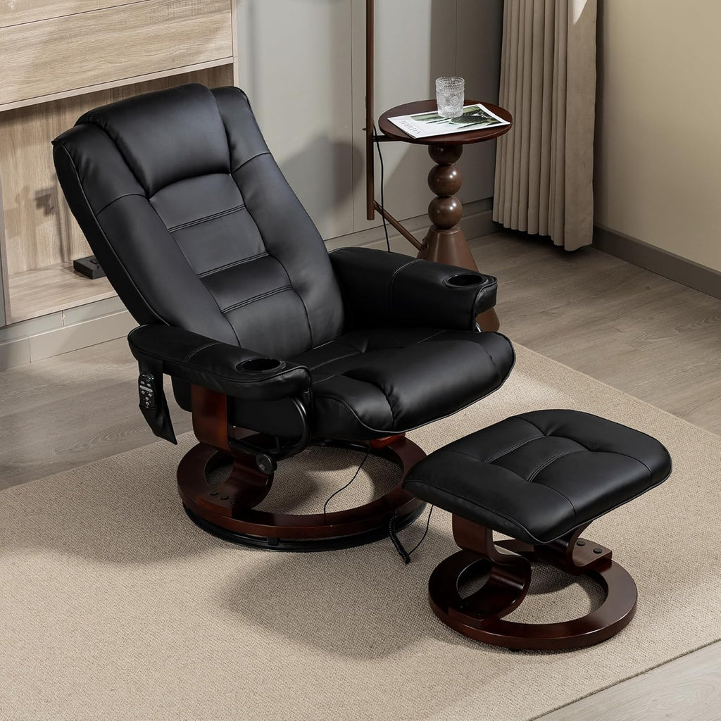 Modern Reclining Lounge Chair and Ottoman — Black PU Leather