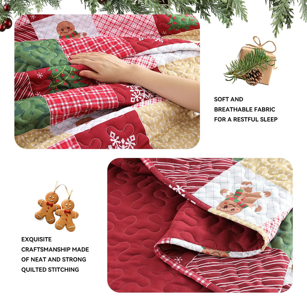 Christmas Quilt Queen Size, Gingerbread Christmas Patchwork Bedding