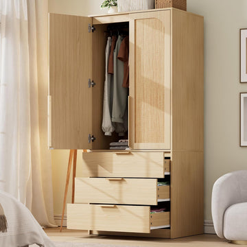 70" Wardrobe Armoire Wooden Closet with 3 Drawers, Oak | Bedroom Armoire with Hanging Rod Shelf, Large Capacity